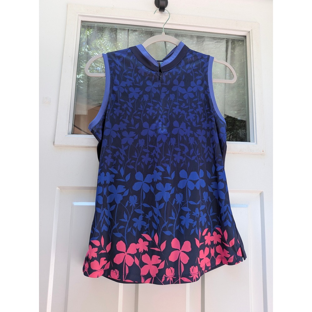 PGA Tour Womens Sleeveless Golf Polo Shirt Navy Floral Quarter Zip Mock Neck M